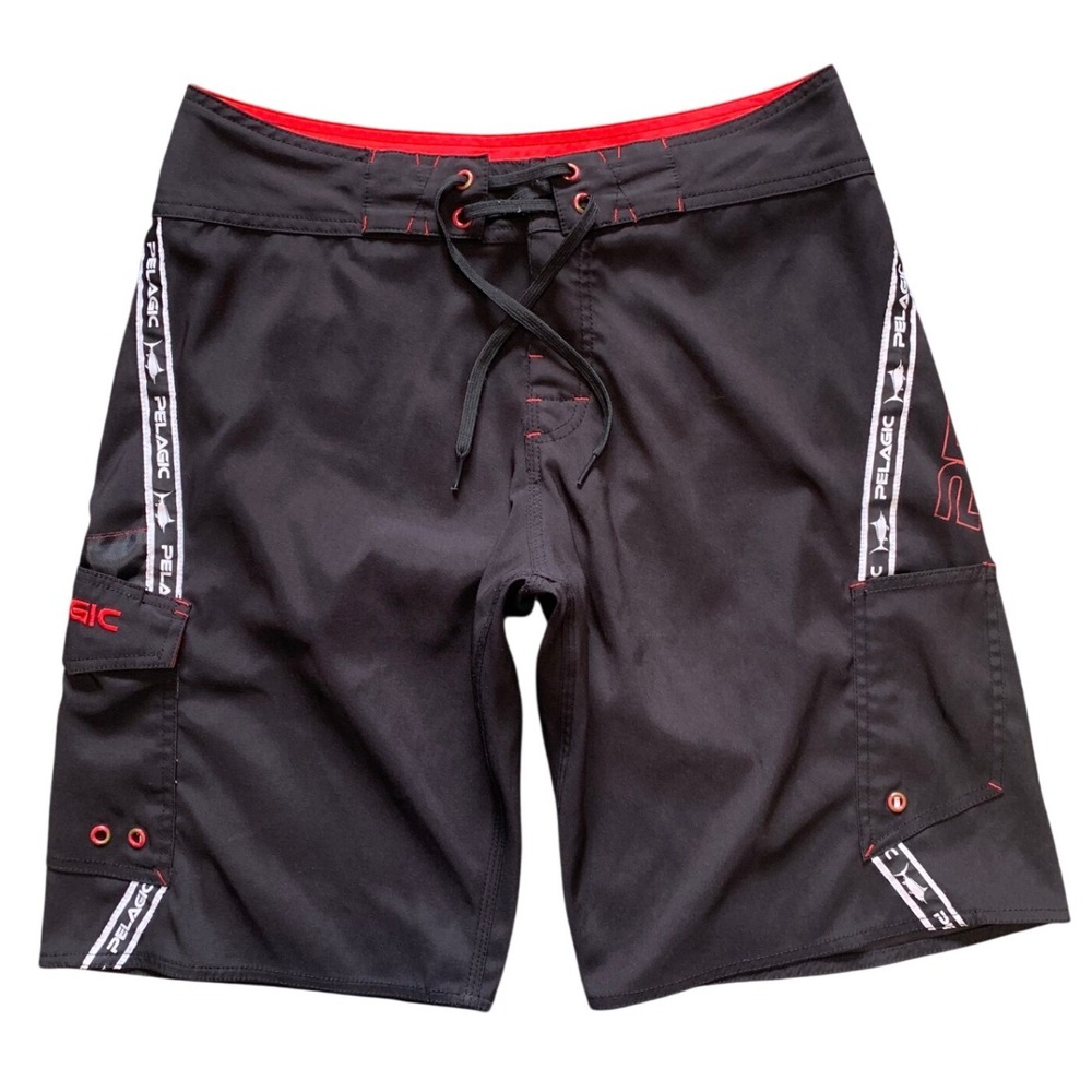 Pelagic Mens Board Shorts Black Red Fishing Swim Trunks Cargo Pocket Size 32